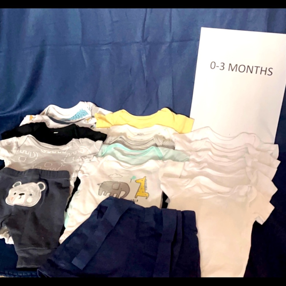 Box of gently used baby boy clothes different brands sized 0-3 months